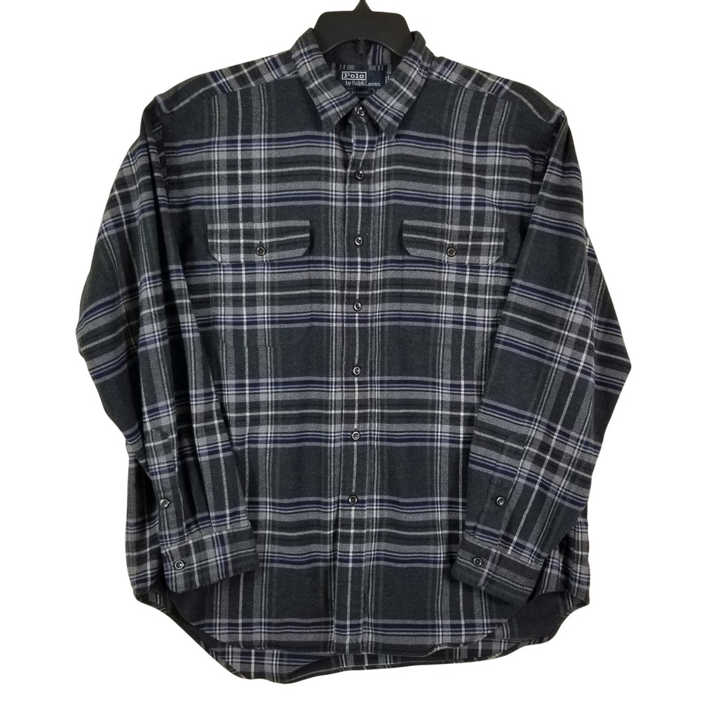 Polo Ralph Lauren G.I. Shirt Mens XL Grey Blue Plaid Flannel Cotton Long Sleeve
